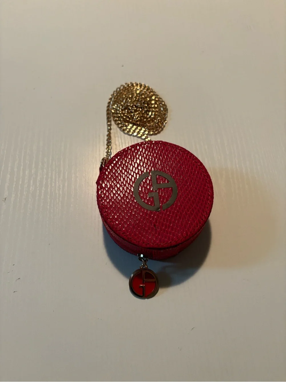 Giorgio Armani Red Round Cosmetic Case with Crossbody Chain NWOT